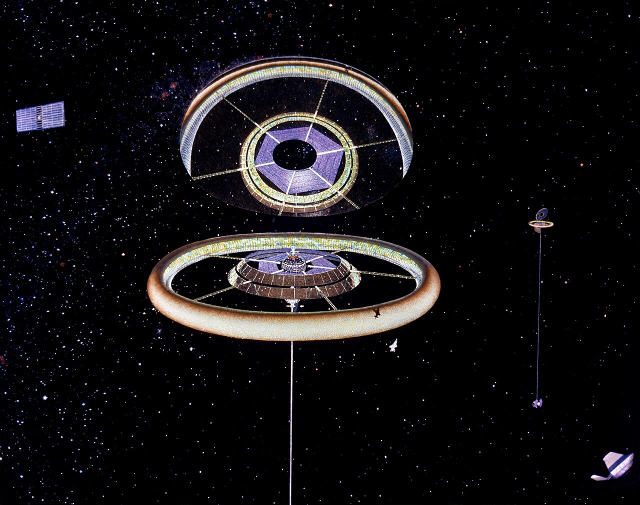 Two ringed space station wheels, exterior view, against a starfield.