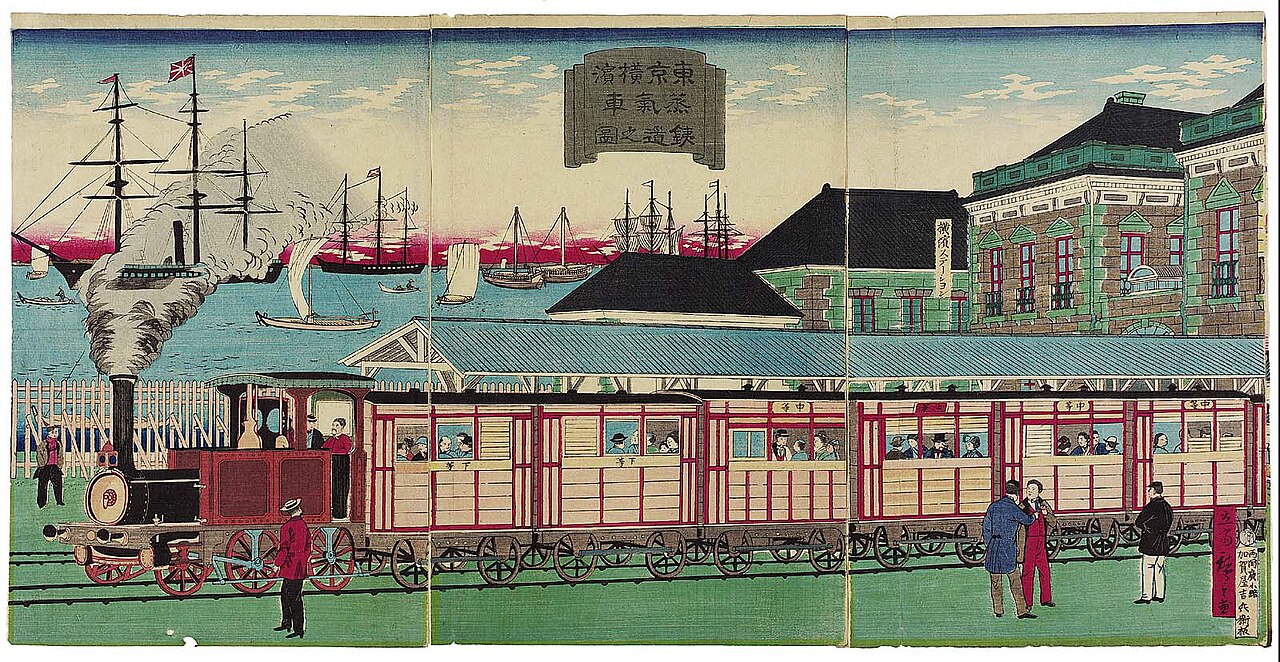 Colour woodblock print of a steam locomotive and carriages on a coastal embankment near Tokyo and Yokohama, with figures watching