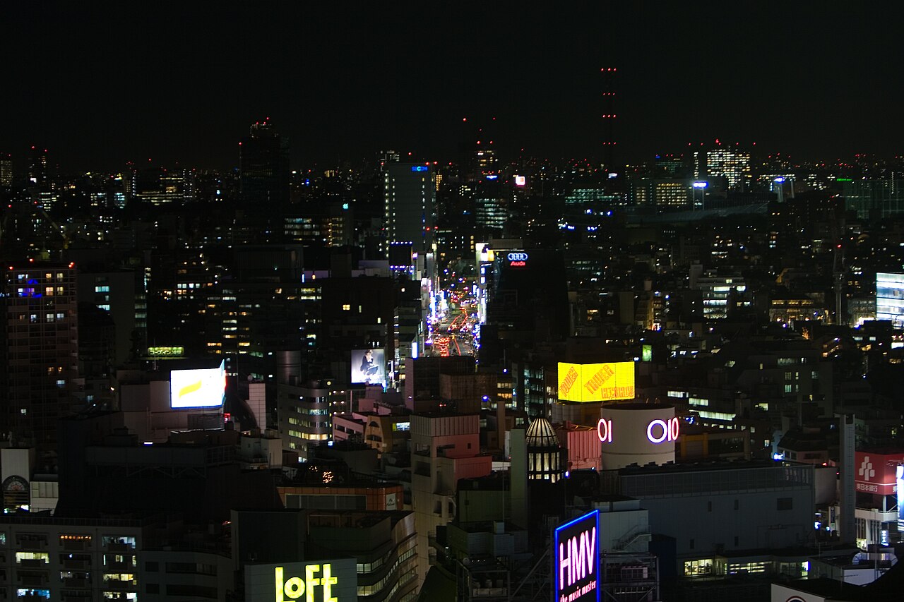 Tokyo street at night, walls of illuminated Japanese signage, crowds below