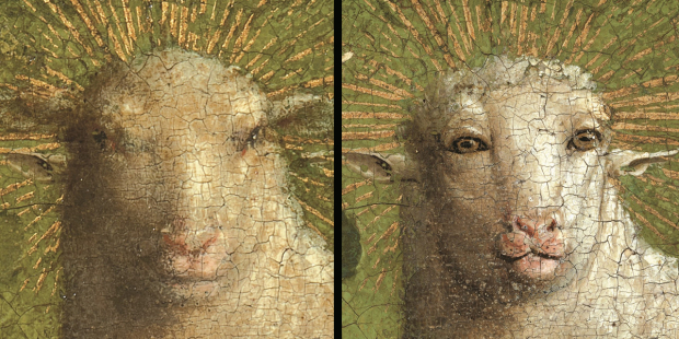 Detail of the head of the Lamb of God from the Ghent Altarpiece, shown before and after restoration: at left the later overpaint on the head is still visible; at right the earlier painted head is revealed.