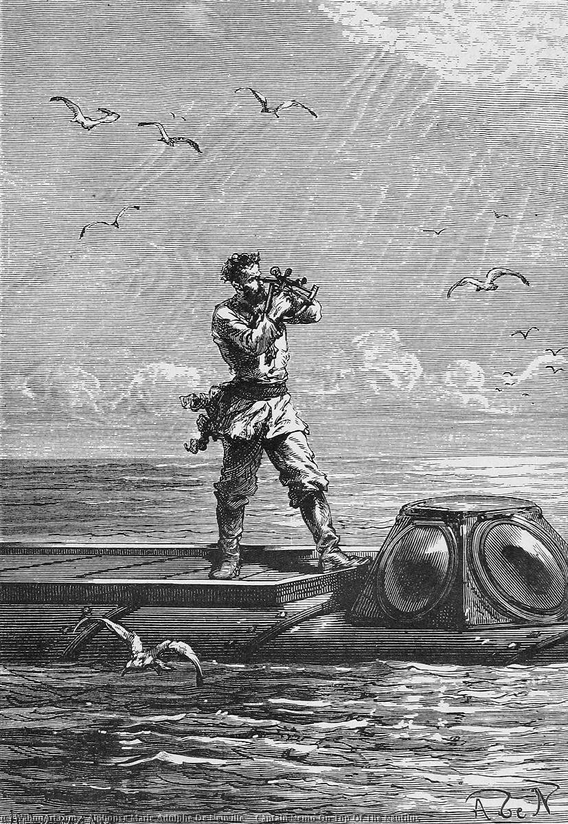 Captain Nemo standing on top of the Nautilus, playing a violin, seabirds overhead.