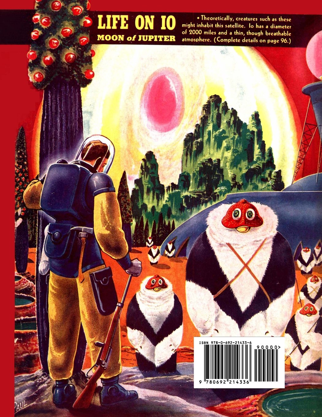 A spaceman with a rifle on a jungle world facing round white creatures with red heads, a pink sun behind.