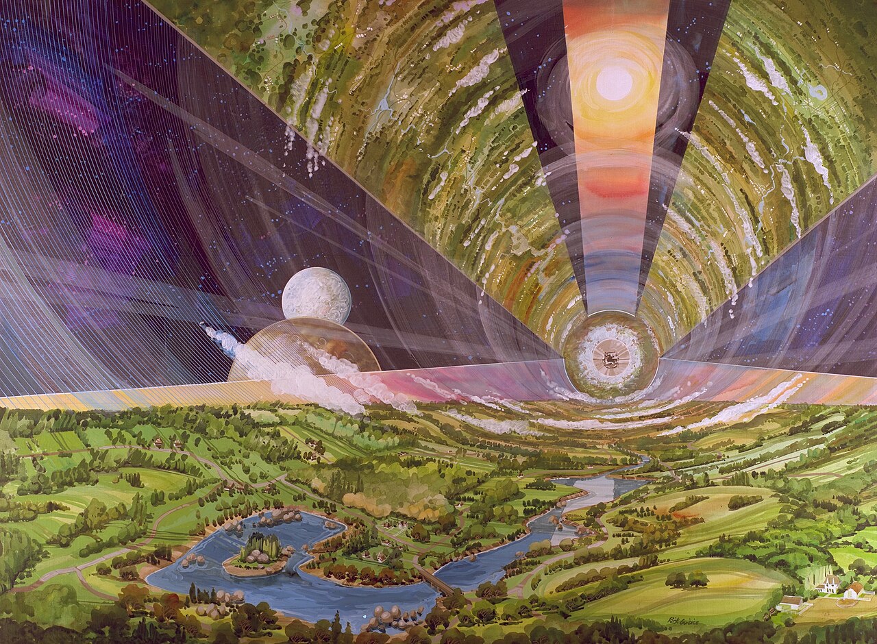Interior of a torus colony with farmland, river and a distant sun-tube shining down through the axis.
