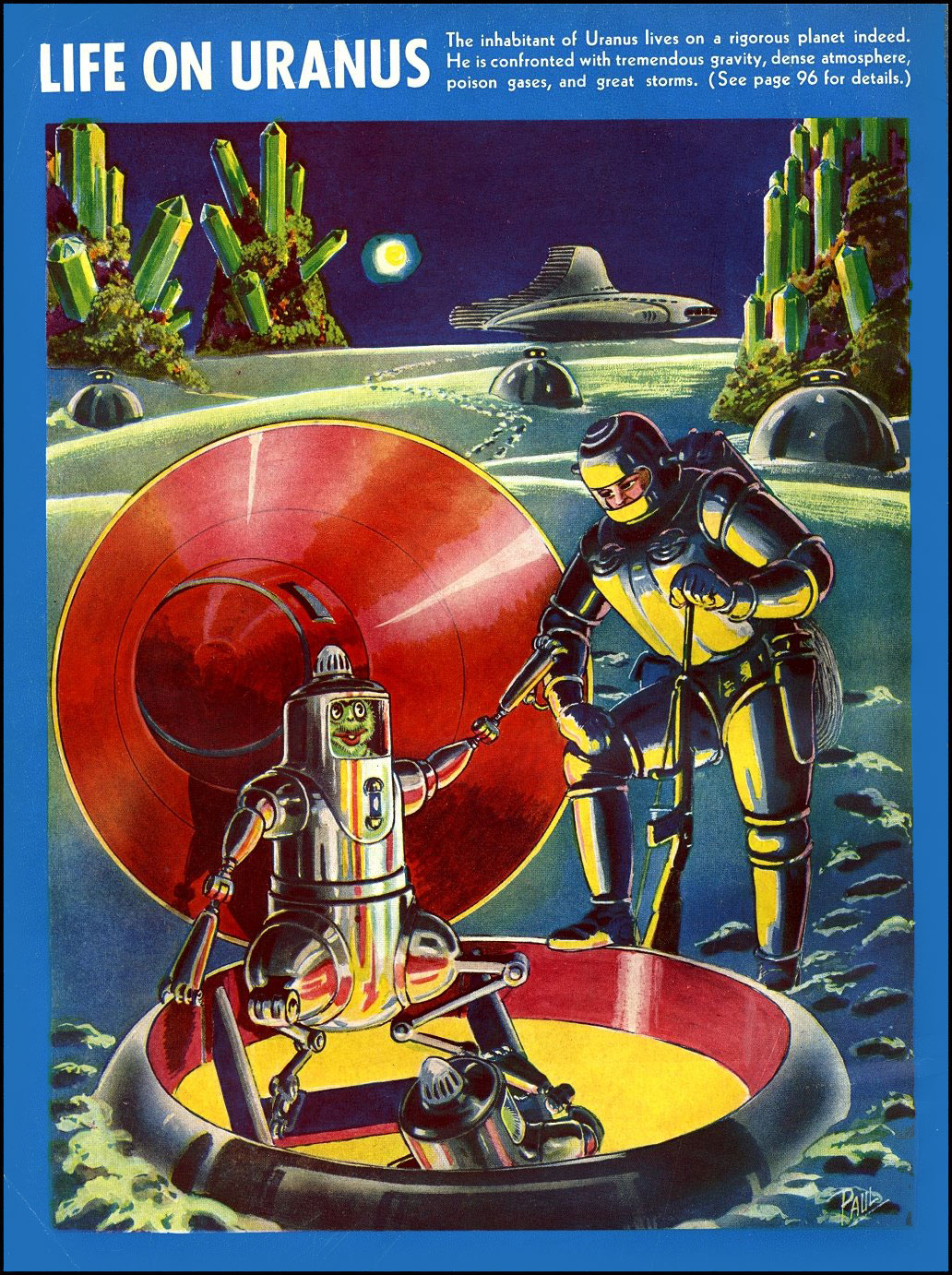 A spaceman in a segmented yellow and black suit shaking hands with a chrome figure on a red dish, on Uranus, crystal formations and a flying saucer overhead.