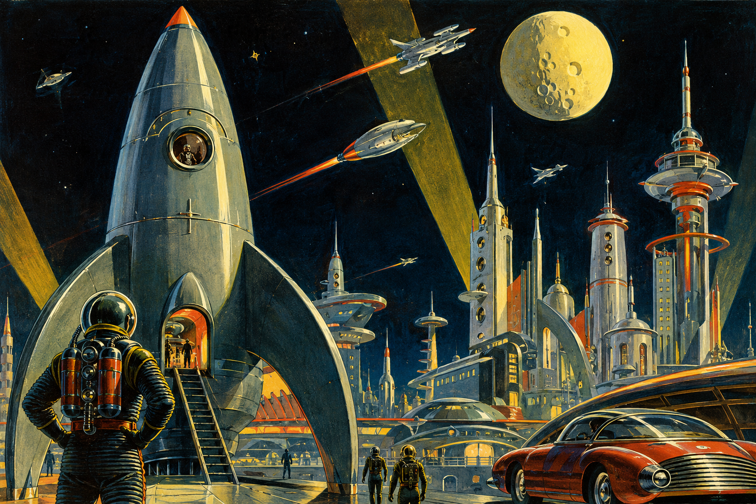 A finned silver rocket on its pad with a boarding ramp, a spaceman with backpack tanks seen from behind at lower left, saucers and a large yellow moon in a night sky, ringed spires, searchlight beams, and a red finned car at lower right.