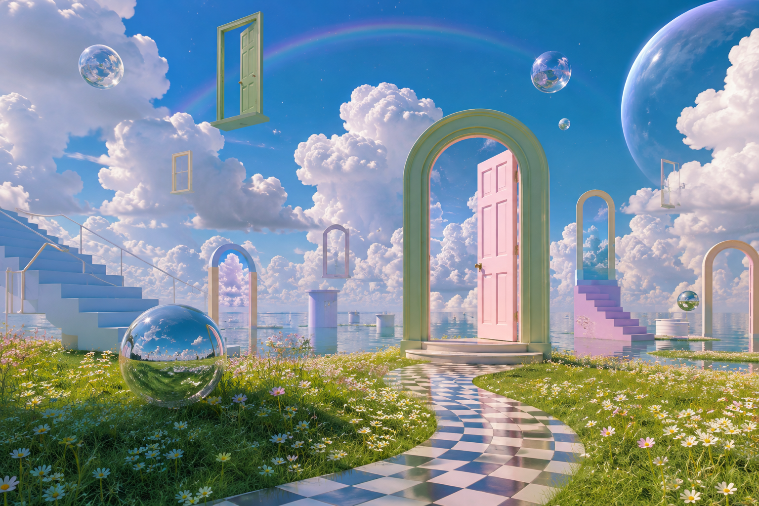 A pastel dreamlike hillside with arches, a rainbow, floating bubbles, and a pink door.