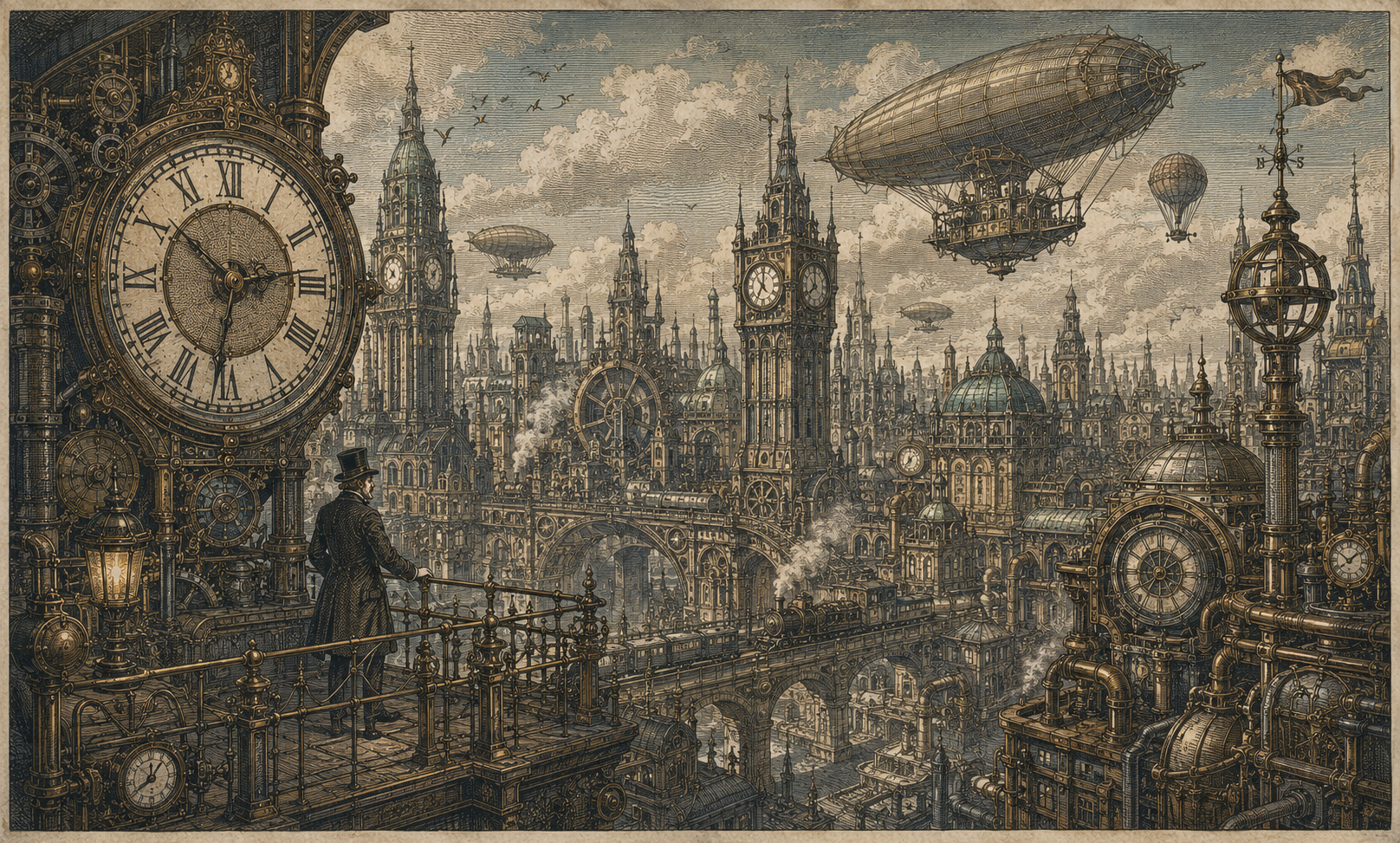 Engraved clockwork city: a giant Roman-numeral clock face, a figure in a top hat on a balcony rail, gothic towers, airships, and an armillary sphere on a mast against a pale cloudy sky