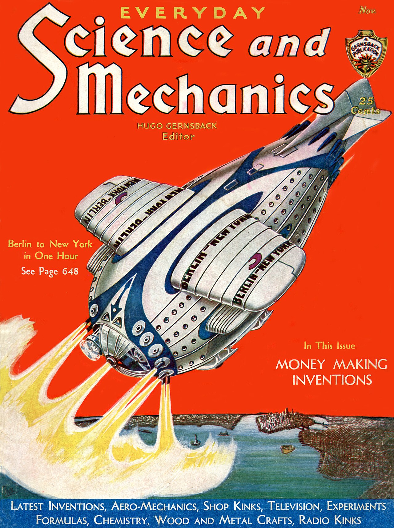 Everyday Science and Mechanics, November 1931 — a finned rocket firing four exhaust plumes over a coastline.