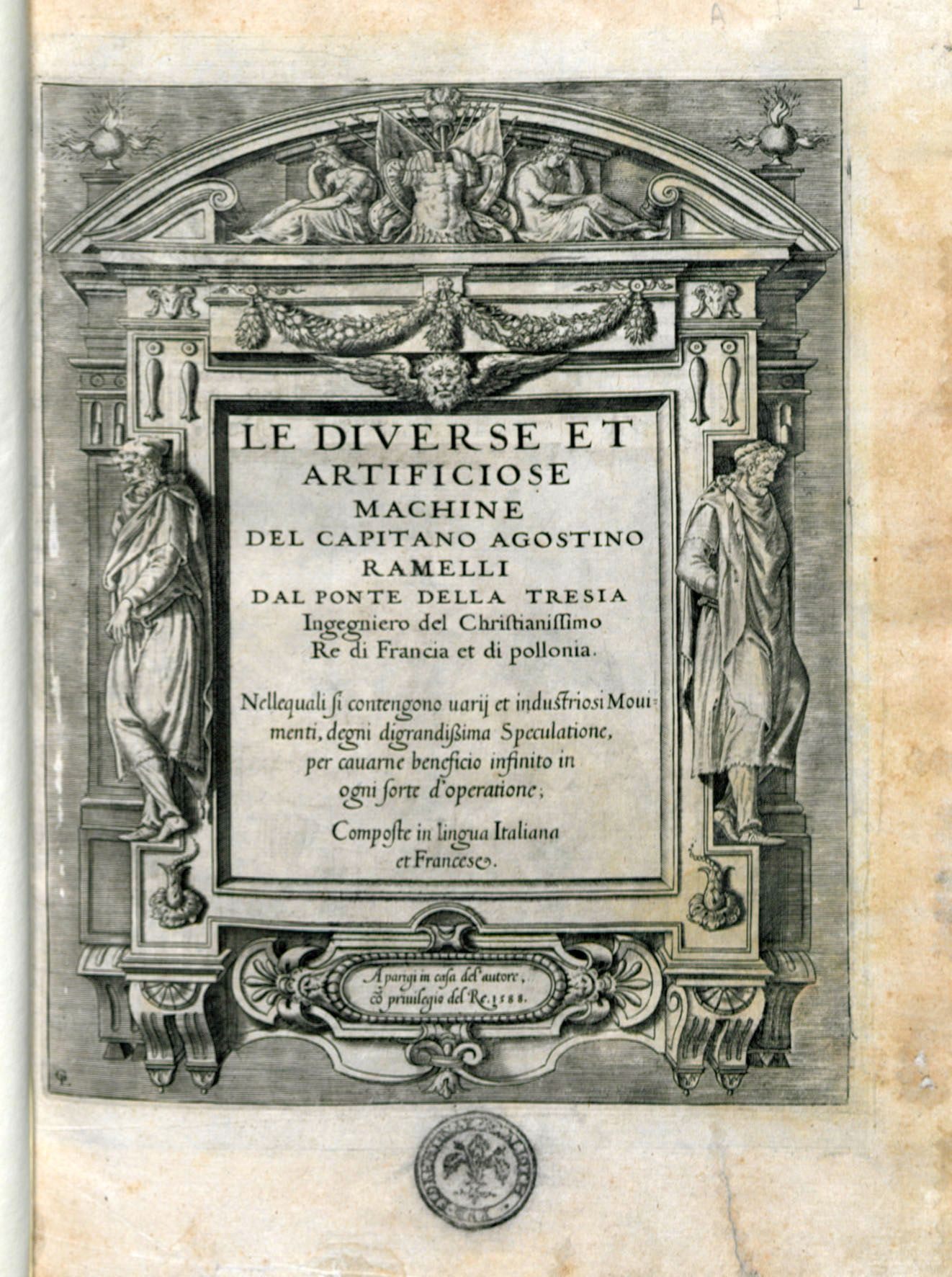 Engraved architectural title page of Le diverse et artificiose machine, 1588, with two carved figures flanking the title panel