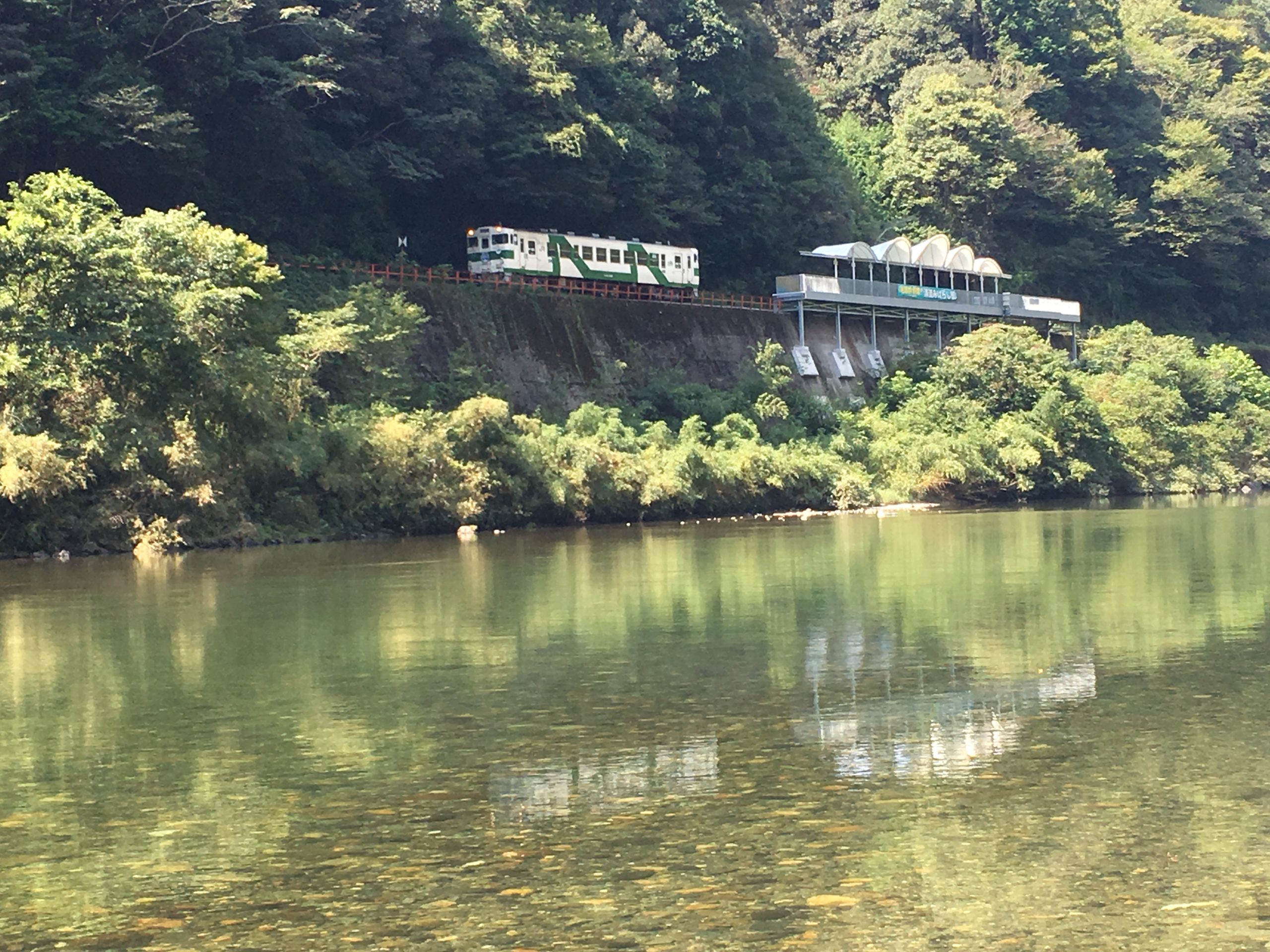 Documentary photograph of the Seiryū Miharashi station: the sightseeing train at rest beside the wooden platform, surrounded by forested gorge slopes and the clear green Nishiki River below.