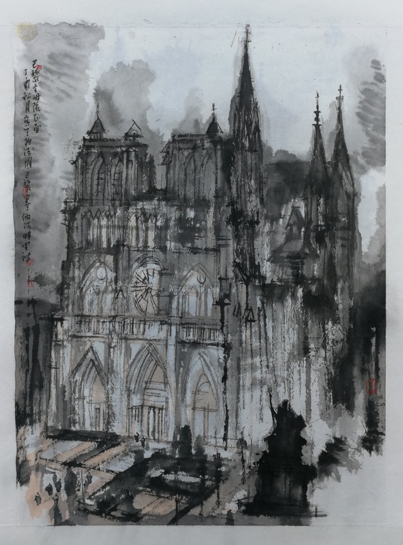 《巴黎圣母院》, ink painting of Notre-Dame