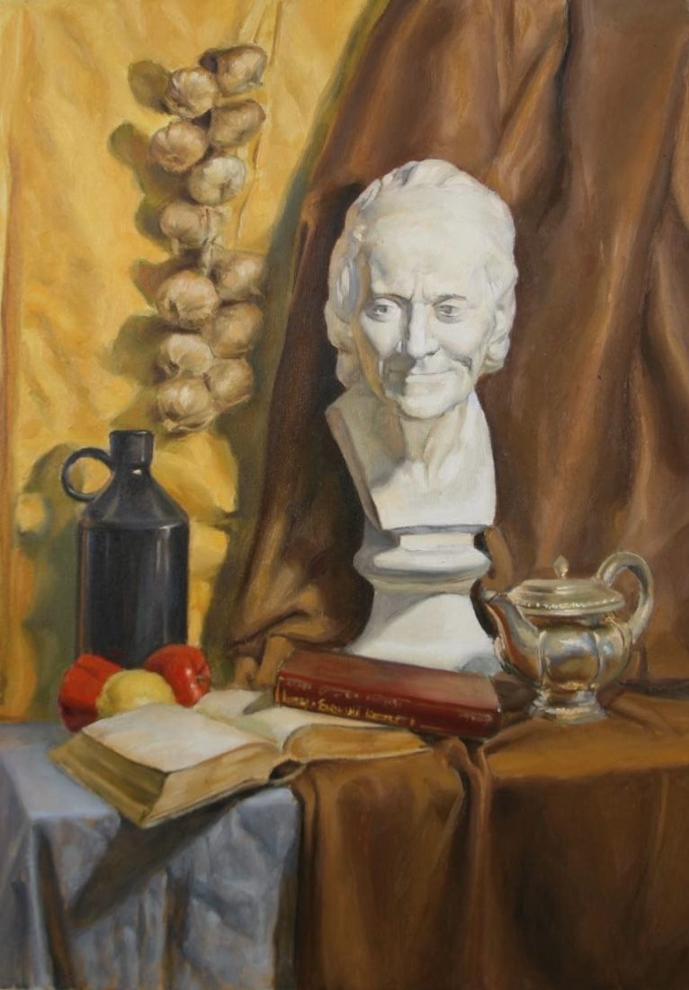 The Weight of Wisdom — original still life painting featuring a white sculpted bust, books, teapot, dark bottle, and produce against a dark background