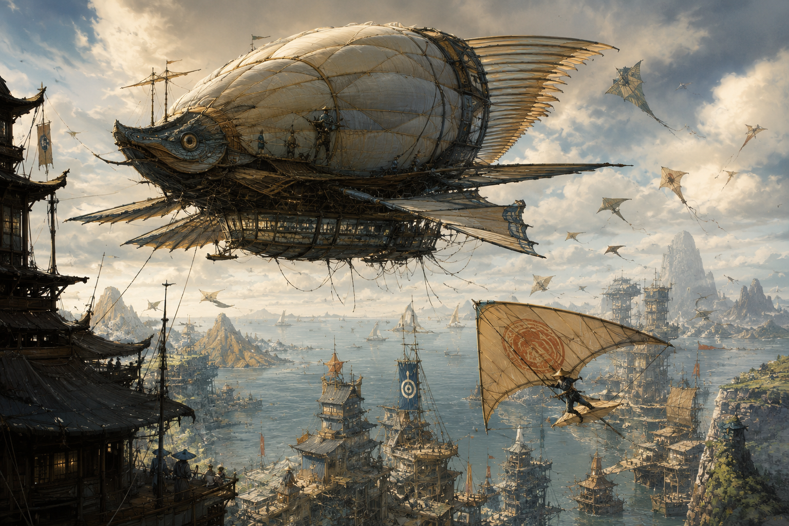 Silk and bamboo airship with paddle oars, workers on a terrace below