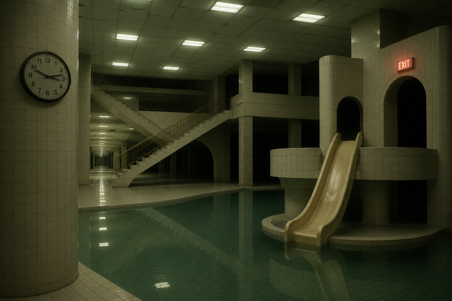 A dim tiled indoor swimming pool with a wall clock, a red exit sign, a slide, and a corridor receding into darkness.