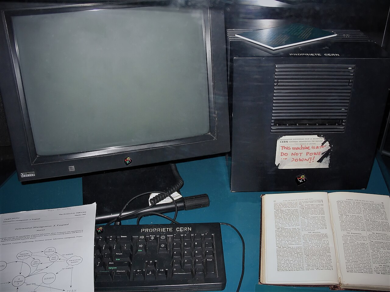 Tim Berners-Lee's NeXT computer at CERN, with a handwritten warning label reading This machine is a server. Do not power it down.