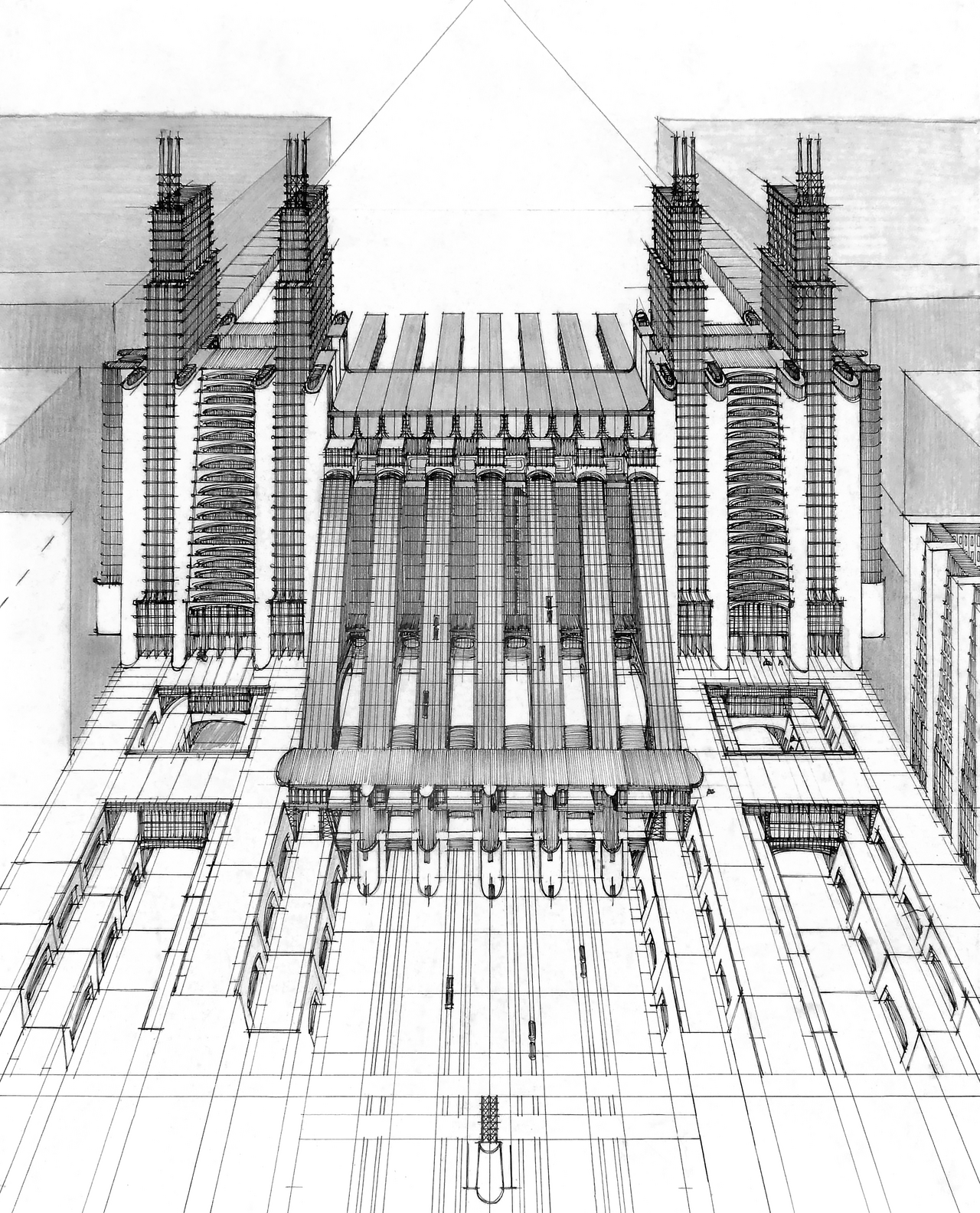 Antonio Sant'Elia terminal drawing — a monumental station in fine grey line, external lift towers.