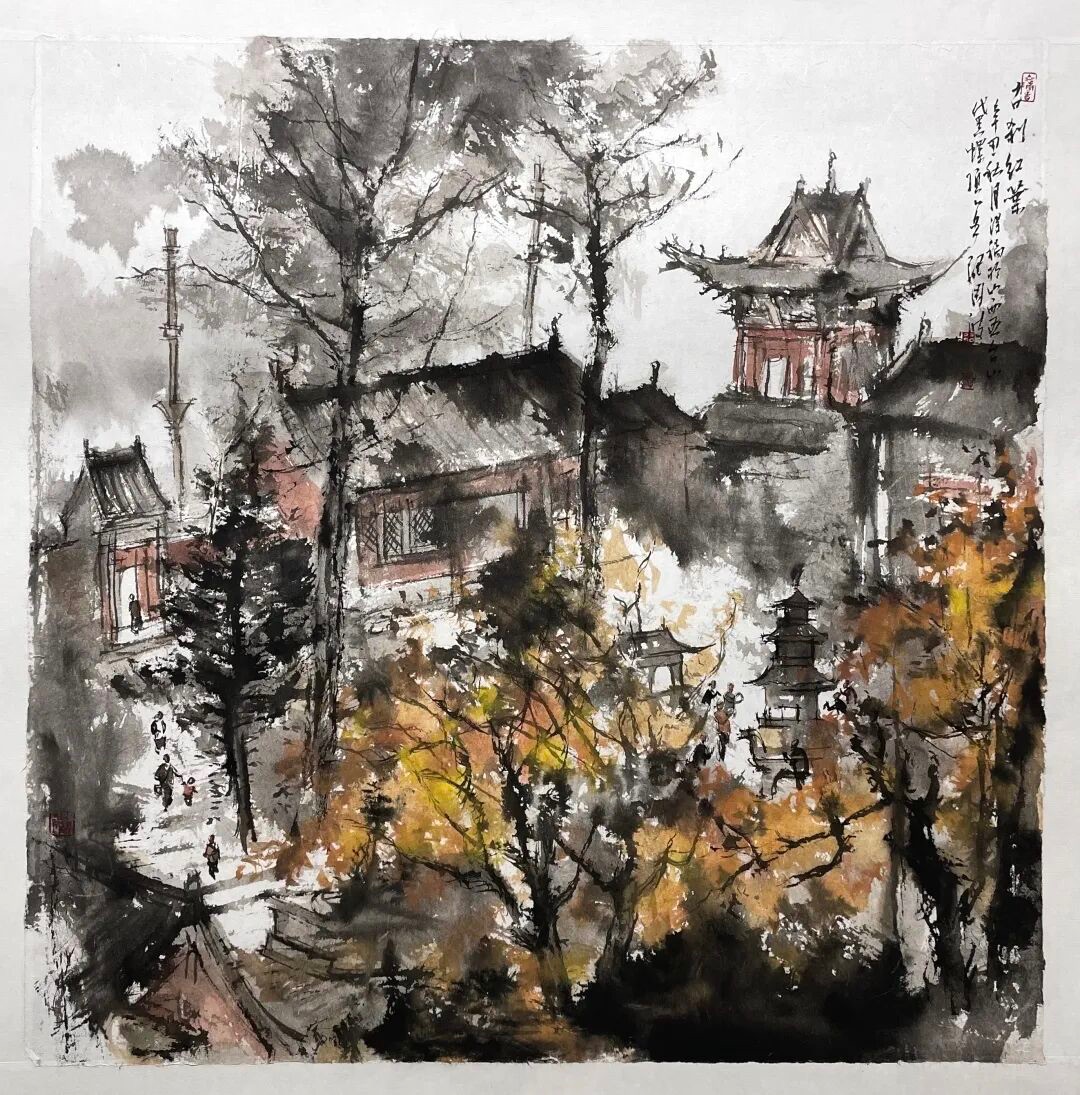 《古刹红叶》, ancient temple in autumn leaves