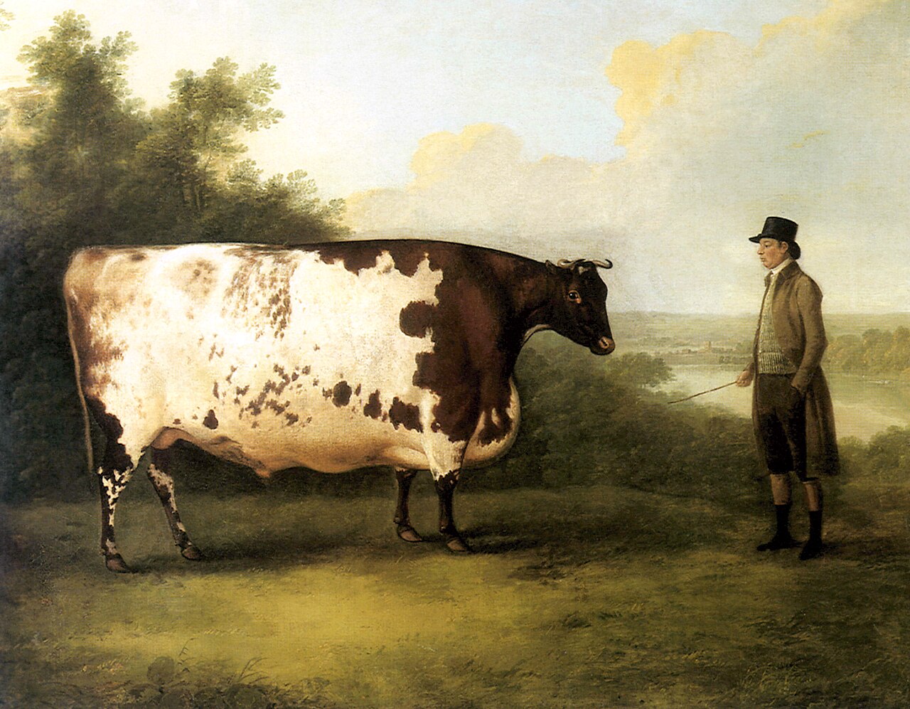 Oil painting of an enormous short-horned ox standing in profile in a field, painted with the dignity of a portrait.