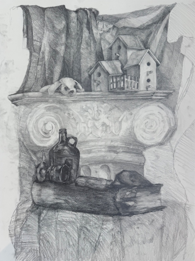Pencil sketch: a carved column shelf bearing birdhouses, a ceramic dog, a glass jug, and driftwood