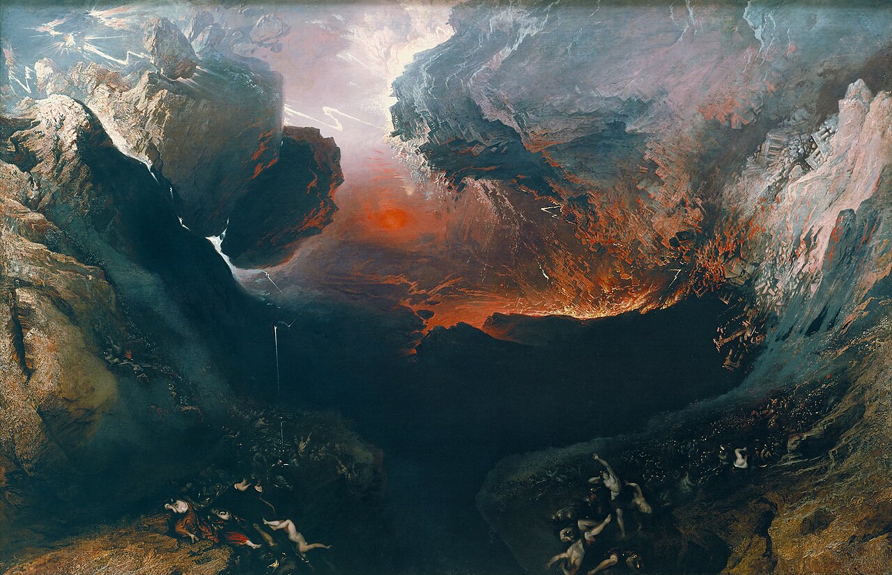 Painting of mountains tearing apart, a city sliding into a lit chasm under a red sky, crowds reduced to specks