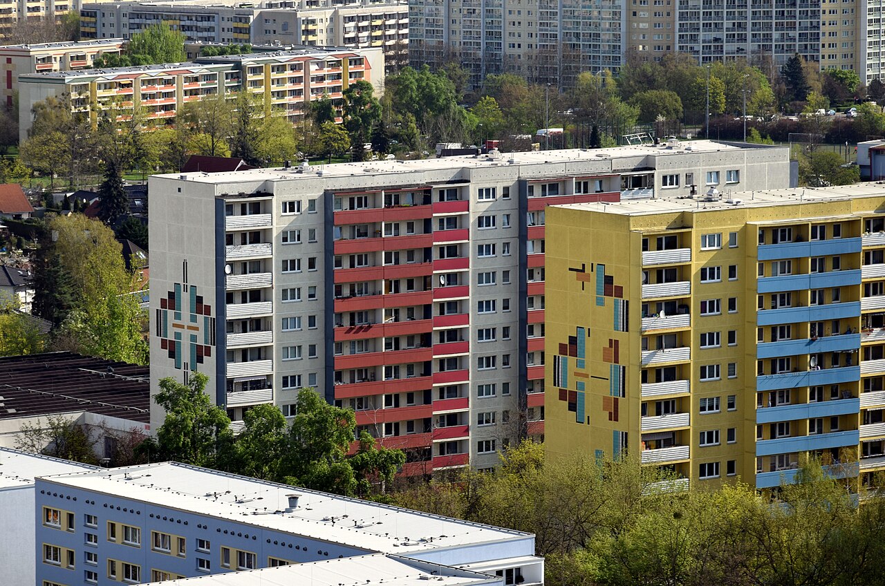 Concrete panel housing blocks with ceramic gable emblems in Marzahn, Berlin