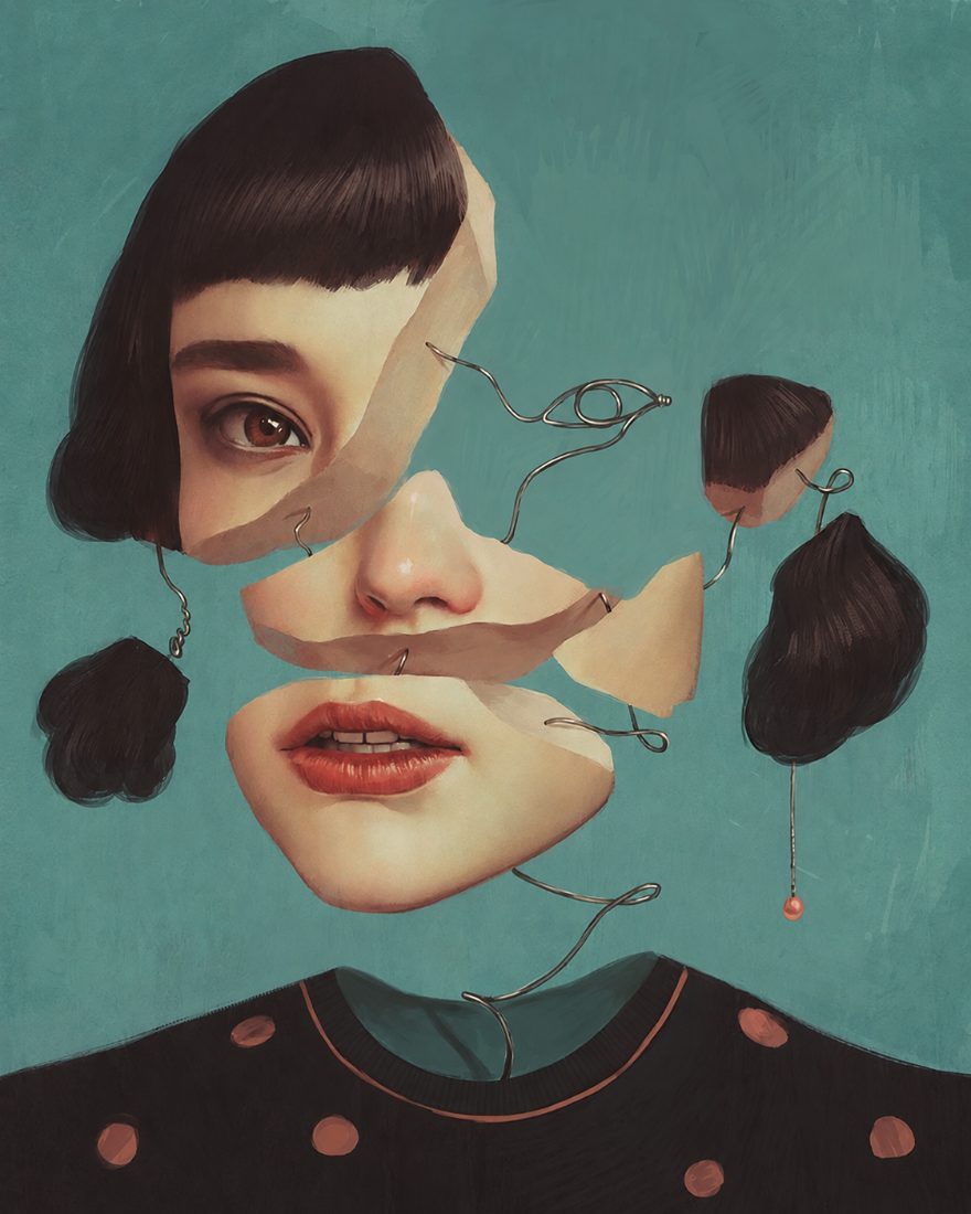 Acrylic painting of a woman's face separated into floating slices, joined by loops of metal wire, on a teal ground