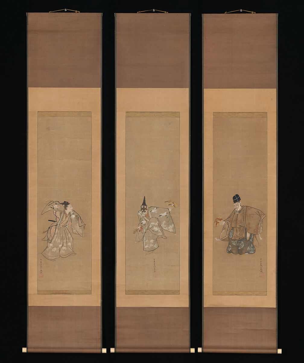 Three hanging scrolls mounted side by side, each with a single Okina-tradition figure.