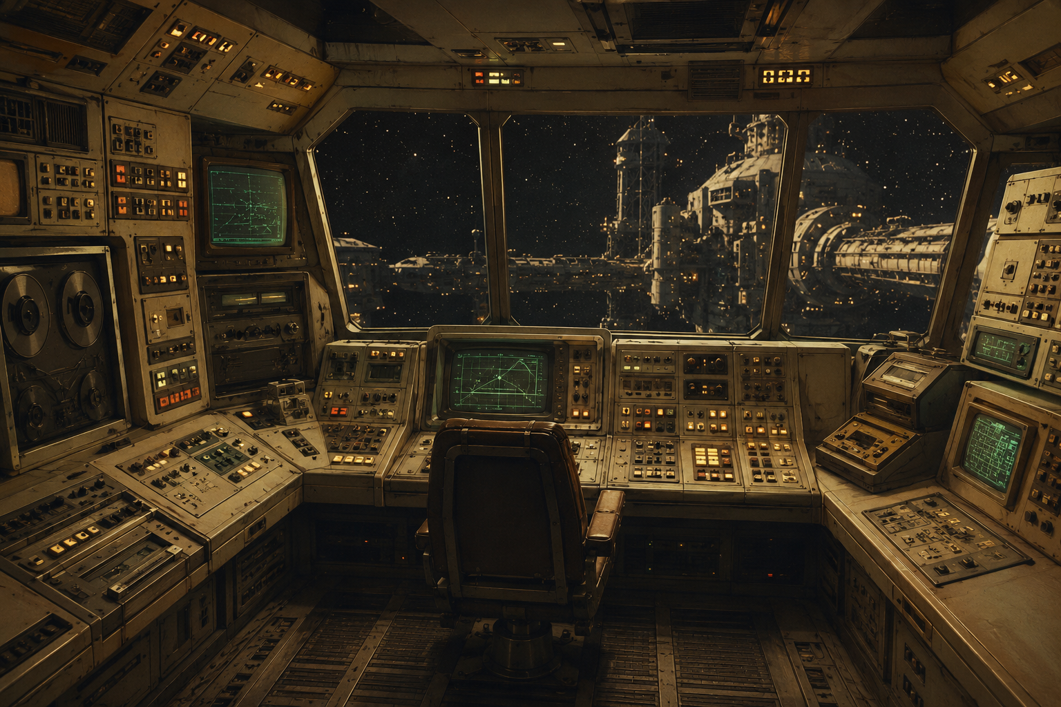 Spacecraft bridge with beige panels of illuminated switches, green phosphor screens, a reel-to-reel tape deck, amber indicator lamps, and a worn pilot's chair, with a station visible through the windows.