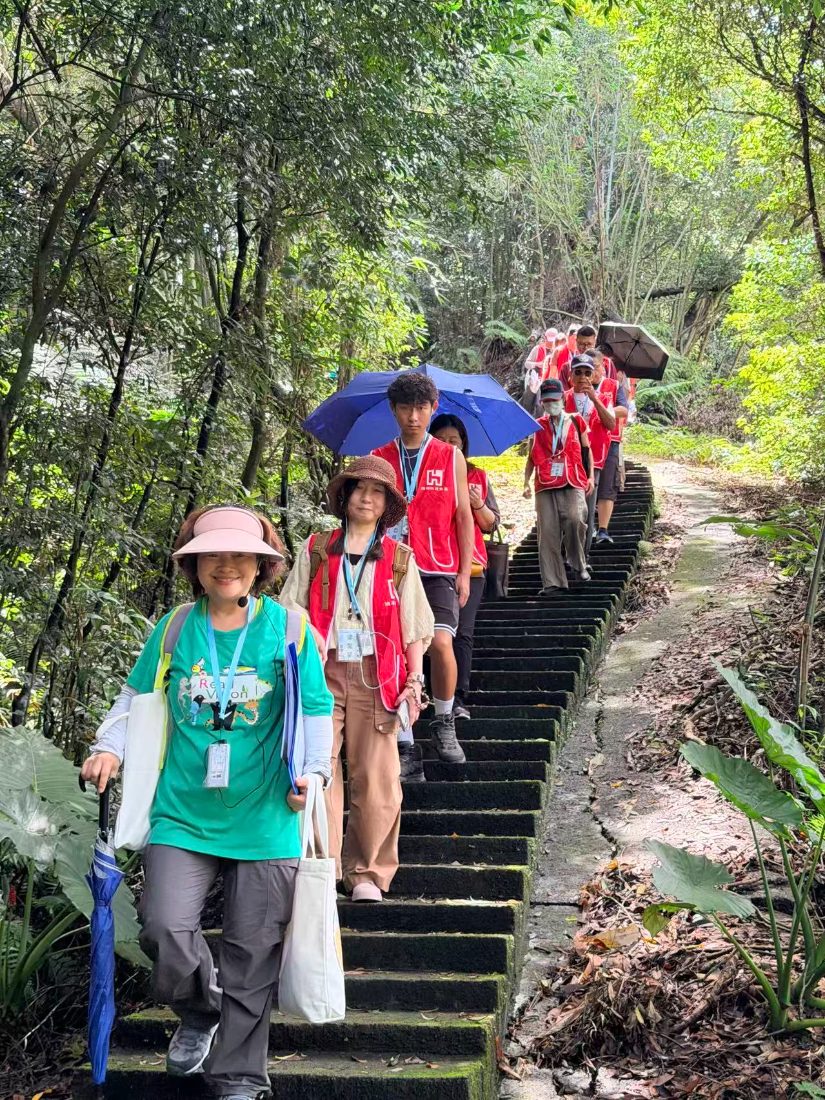 The group coming down mossy stone steps under umbrellas on the shaded trail