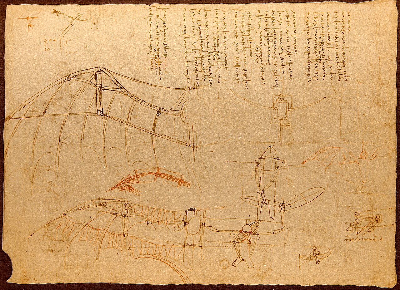 Sheet of brown-ink sketches of wing frames, spars and membranes, with a small figure working a wing by hand