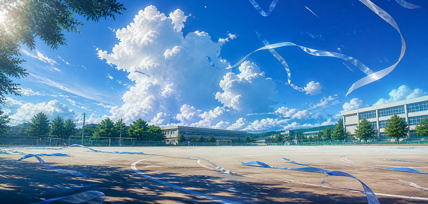 青空の校庭と風に舞うリボン