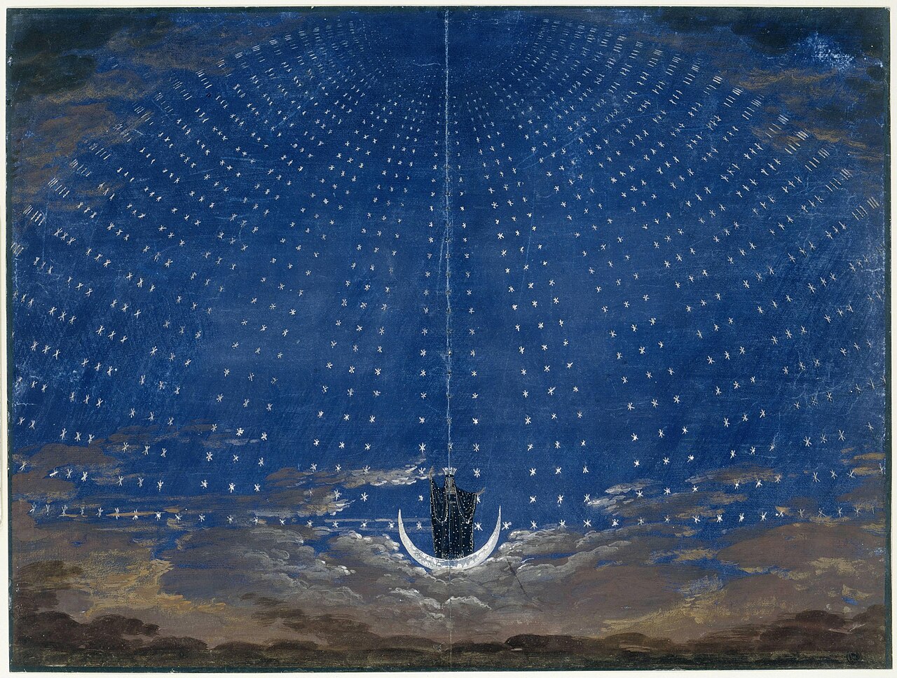 Stage design for the Queen of the Night, a dome of stars over a small figure on a crescent moon