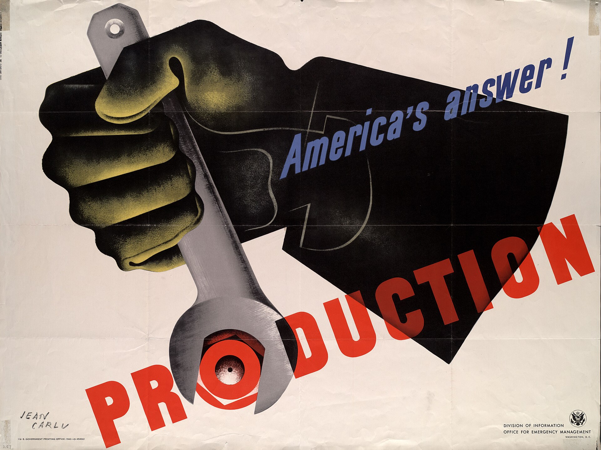 Jean Carlu 1941 poster — a black gloved hand gripping a spanner, the spanner head forming the O in PRODUCTION.