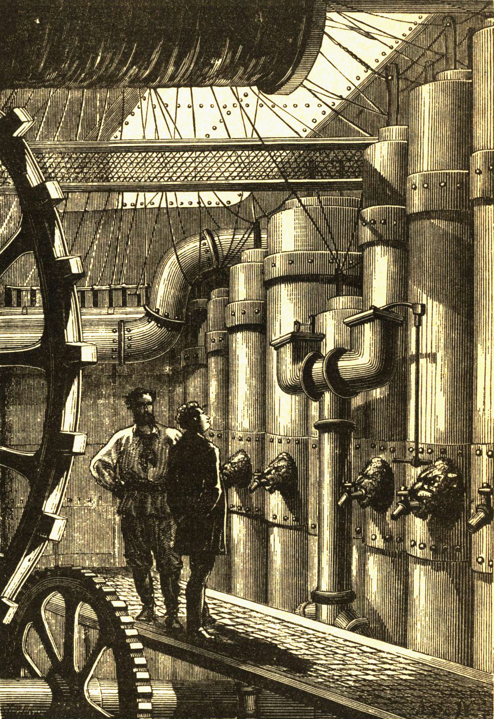 The Nautilus engine room, riveted plate, pipes, gearing, two small figures before an enormous machine.