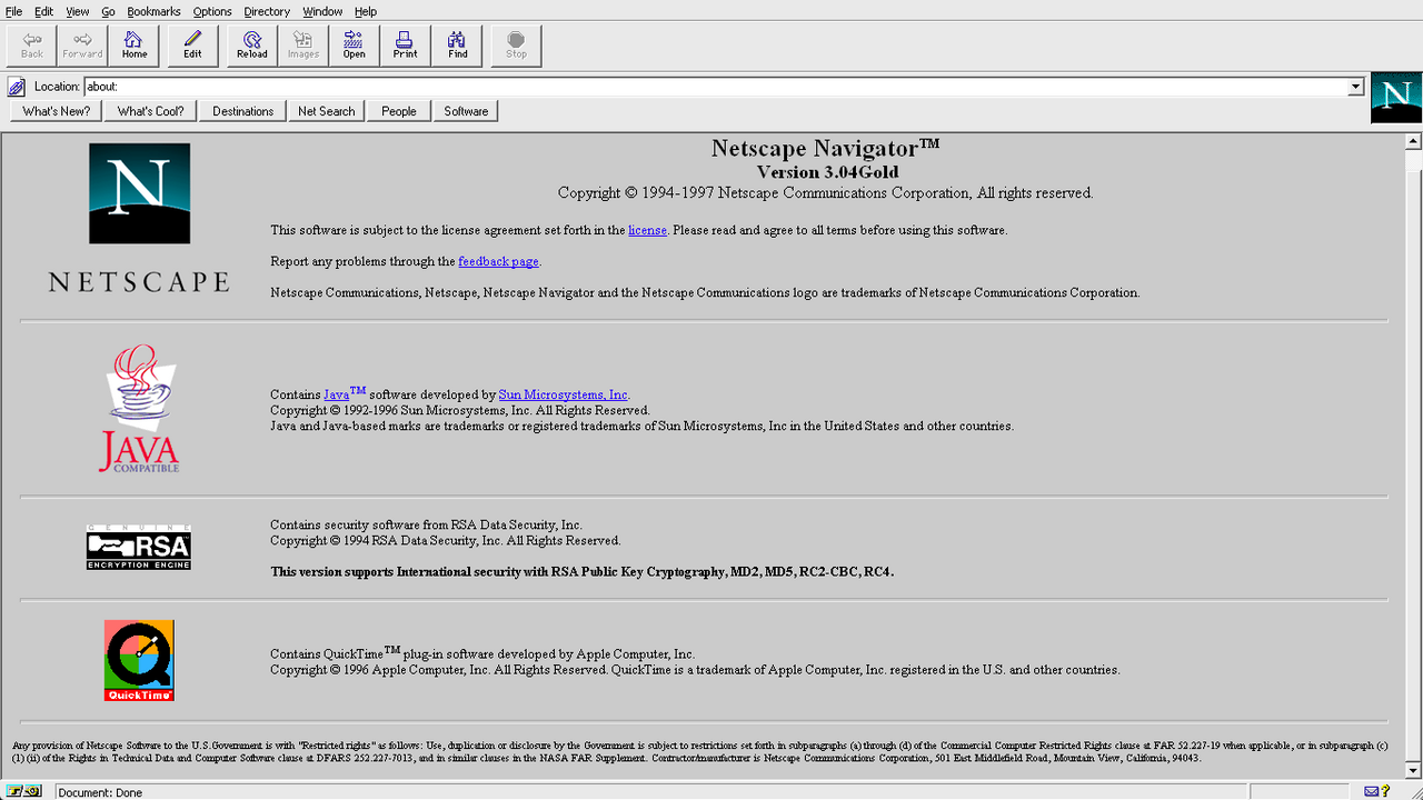 Netscape Navigator 3.04 Gold browser window from 1997, showing the What's New and What's Cool directory buttons.