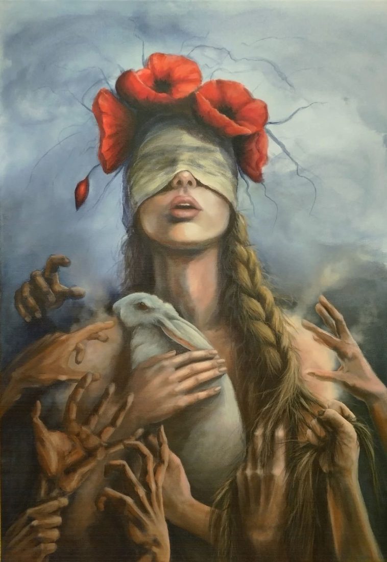 Painting of a blindfolded woman crowned with red poppies, holding a white rabbit, surrounded by many reaching hands.