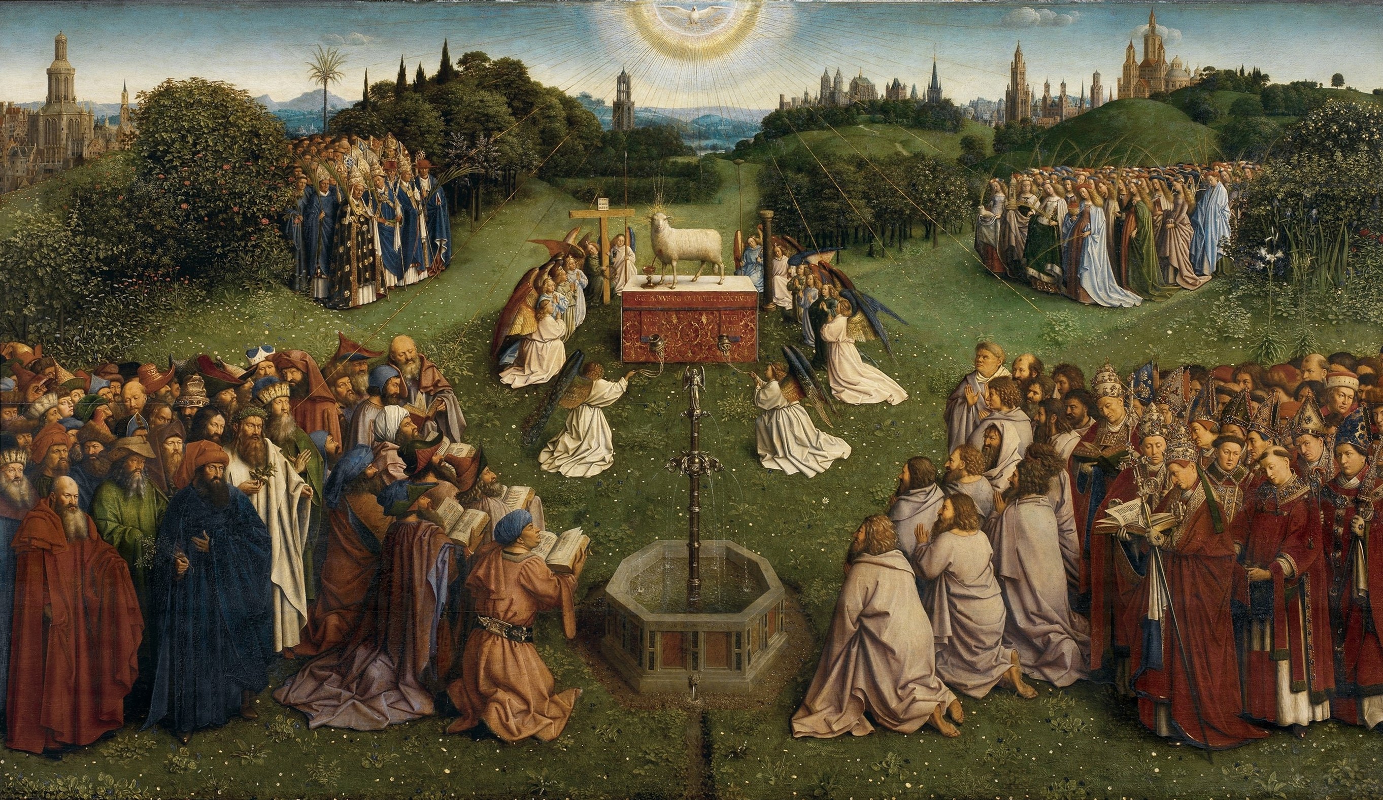 The Adoration of the Mystic Lamb, full central panel of the Ghent Altarpiece by Hubert and Jan van Eyck, 1432. The Lamb stands on an altar at the centre, blood flowing into a chalice. Processions of saints, prophets, angels and the just converge from all directions across a wide landscape. This is the actual painting, not an interpretive model.