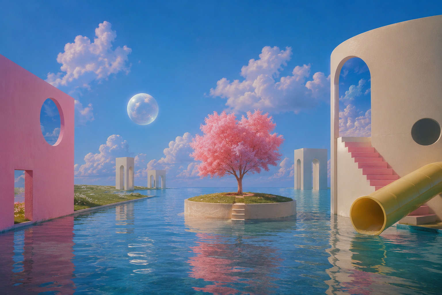 A pink tree on a small island surrounded by shallow flooded architecture and archways.