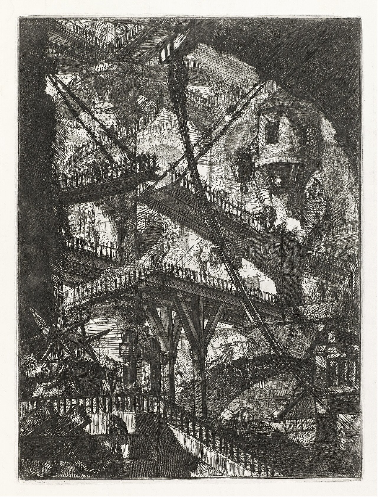 Etching of a vast, impossible prison interior with arches, stairs arriving nowhere, ropes and beams