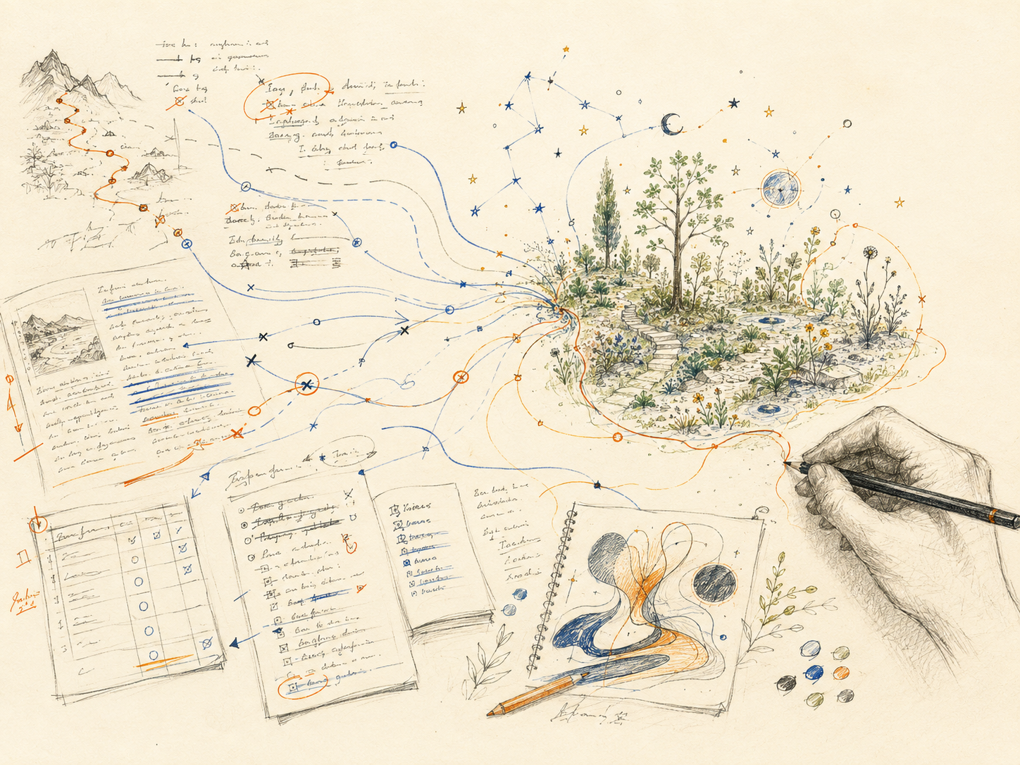 Hand-drawn notes, routes, corrections and sketches flowing together into a growing personal world with a person at its centre.