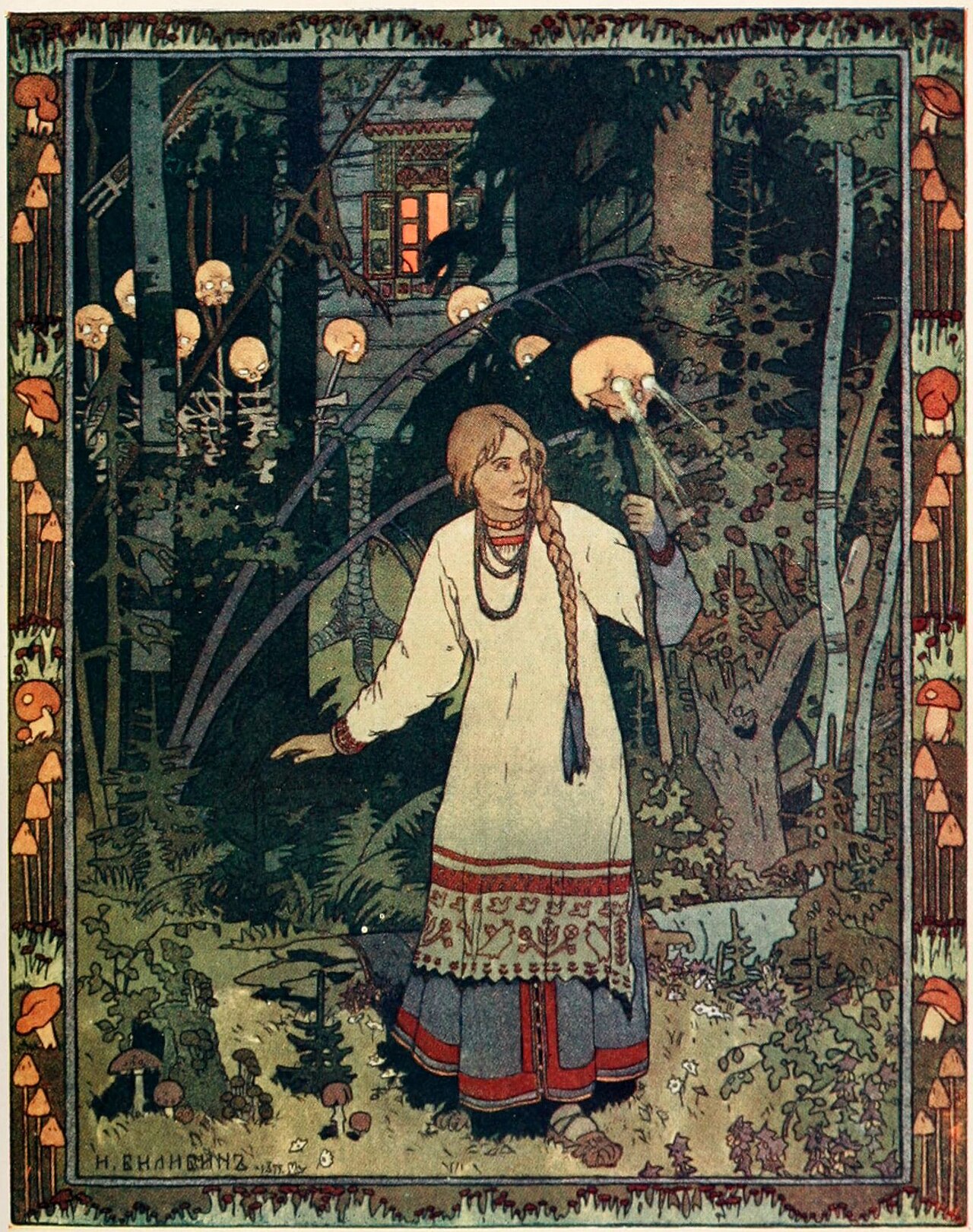 Flat, hard-outlined folk illustration of a figure in a patterned costume standing in a forest, decorative border