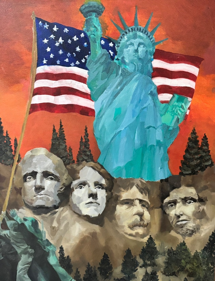 Painting of the Statue of Liberty and Mount Rushmore beneath an American flag, against a burning red sky.