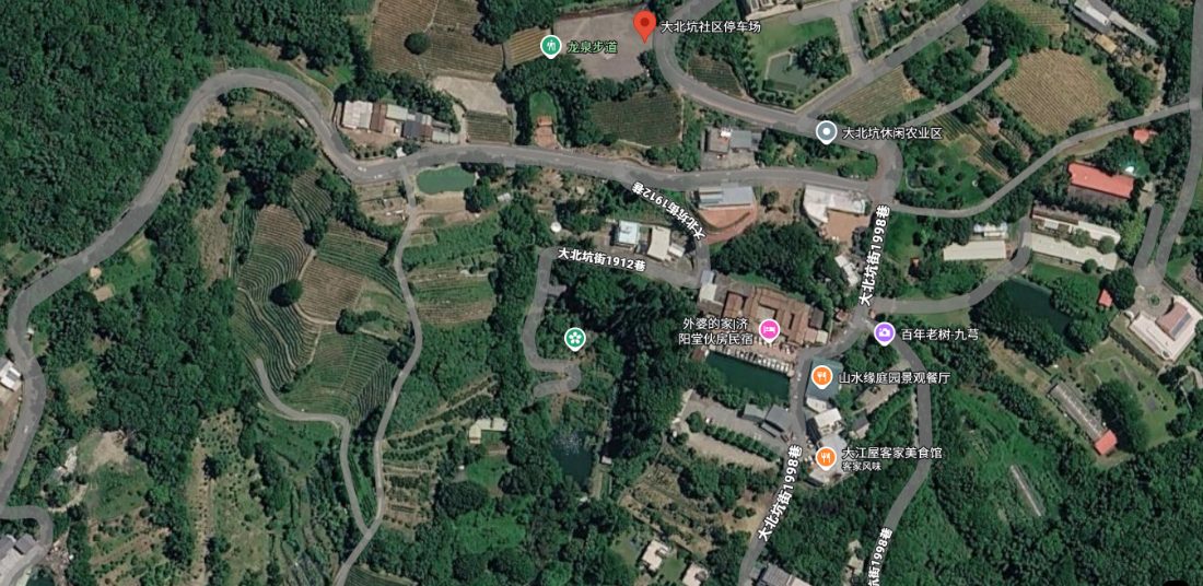 Satellite map: Dabeikeng tea terraces and parking area