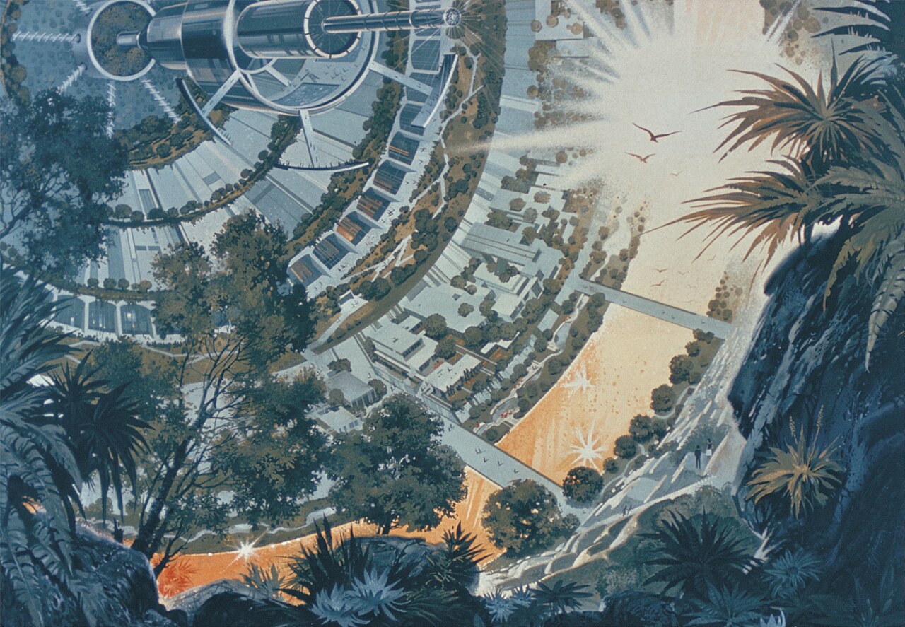 Bernal sphere colony seen from a terraced landscape inside, with sunlight streaming through a tethered mirror station.