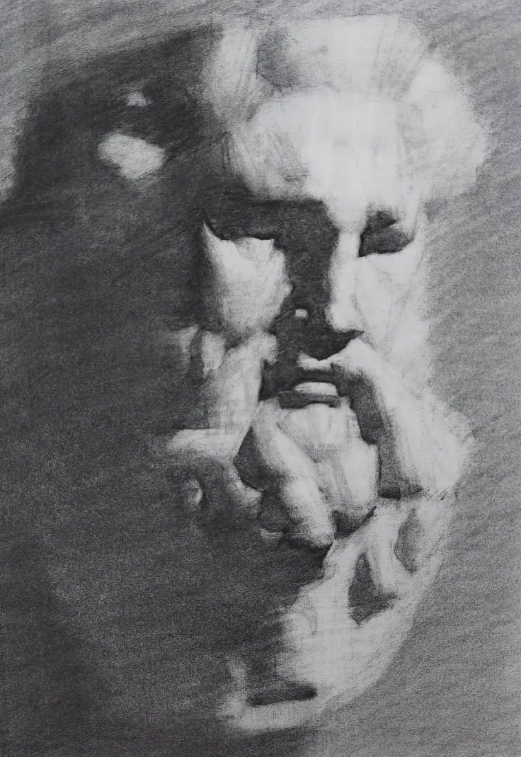 First stage of the graphite drawing: broad masses of light and dark blocked in, the face barely emerging from smudged shadow.