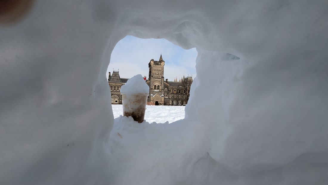 Winter clothes and snow at Front Campus