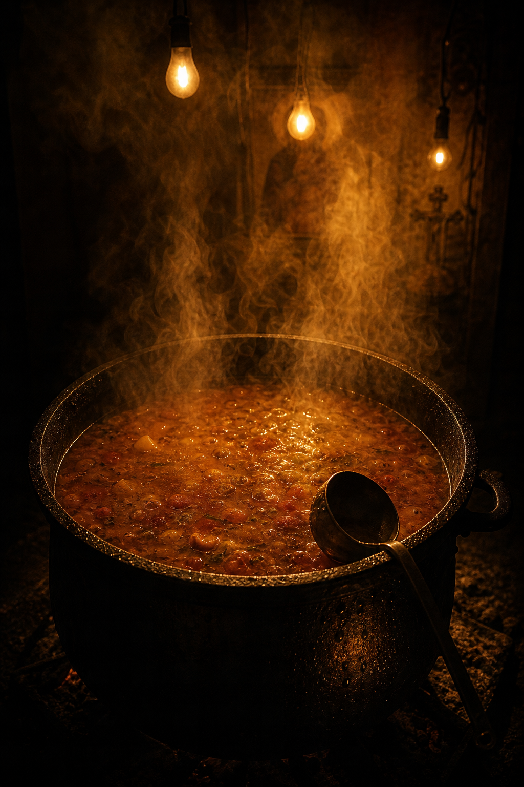 Steam and candlelight rising over pots of soup at the midnight kitchen