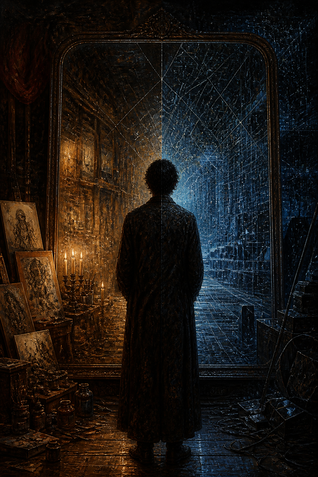 A contemplative composition visualizing the creator's two faces — the mirror AI holds up, a dual-identity at the threshold of expression and production.