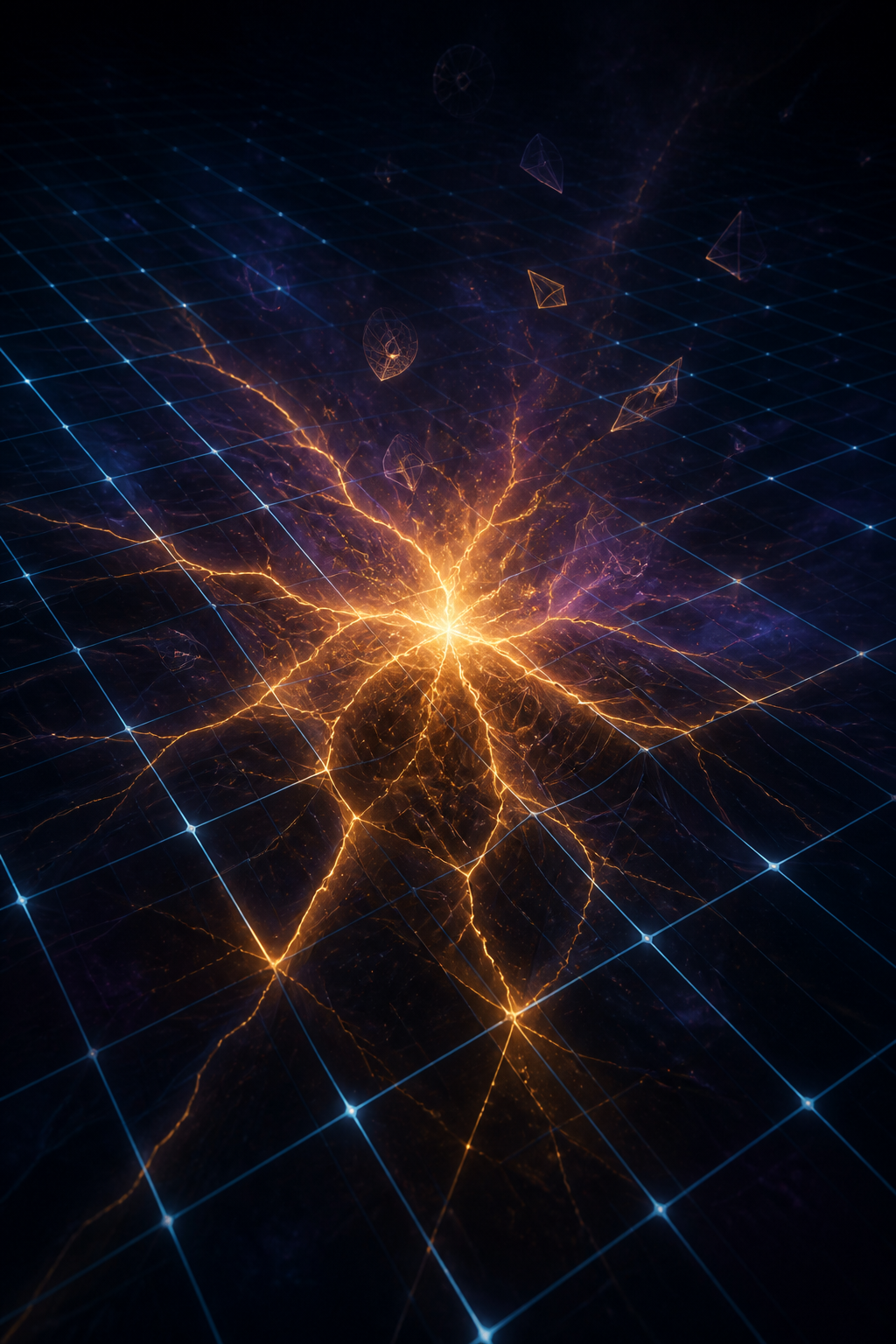 Algorithmic order cracking open — structured grids fracturing to release something unplanned and alive