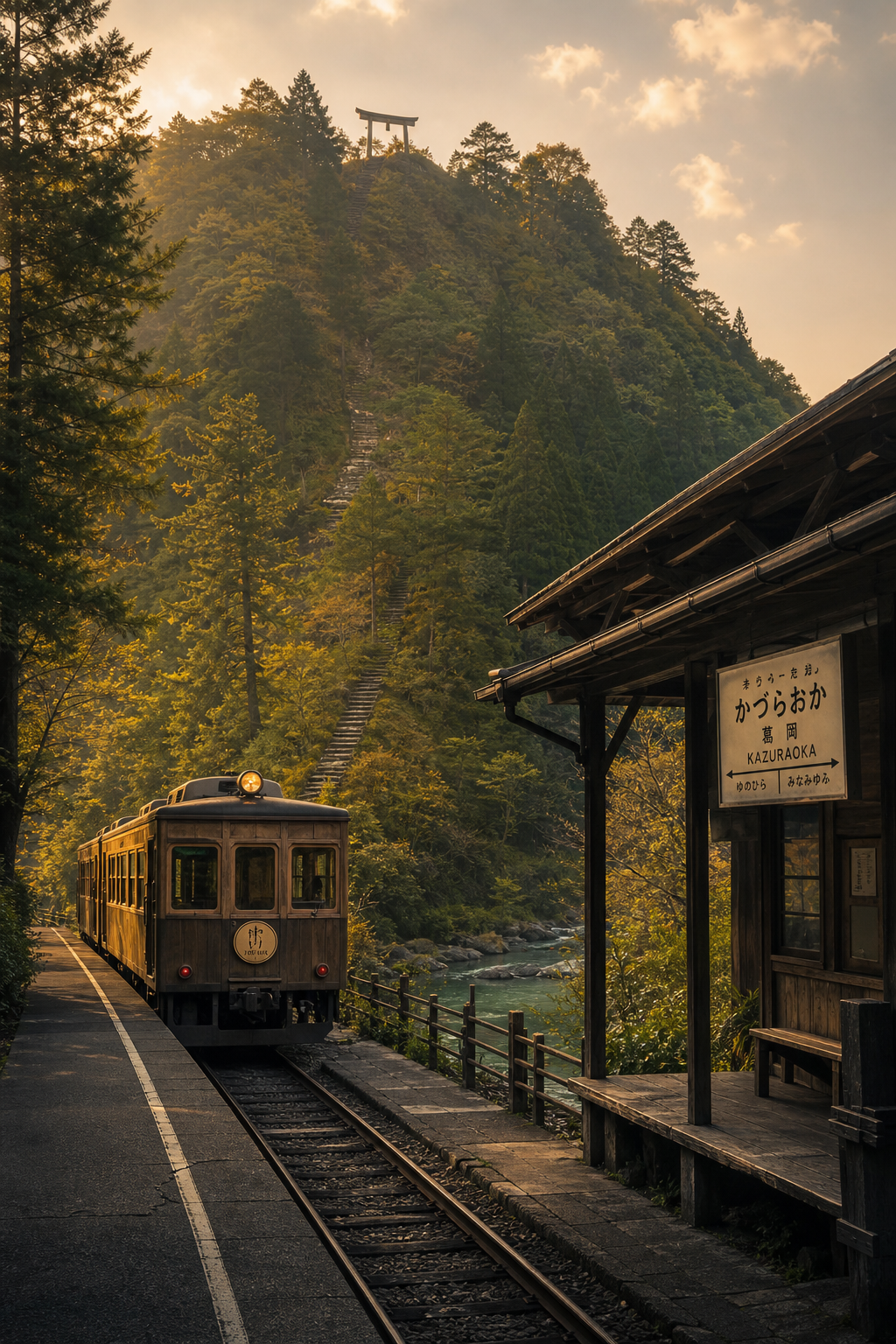 A small forested hill glowing in warm dusk light, standing in for Mt. Fuji.